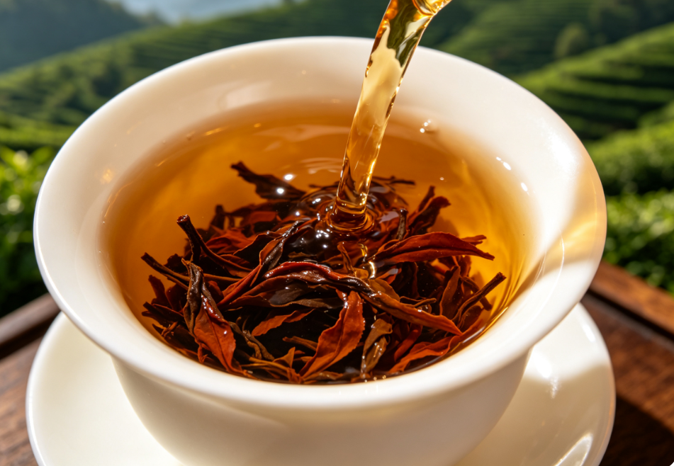 Fujian Lapsang Souchong black tea brewed in a gaiwan with bright amber tea liquor and fully opened tea leaves