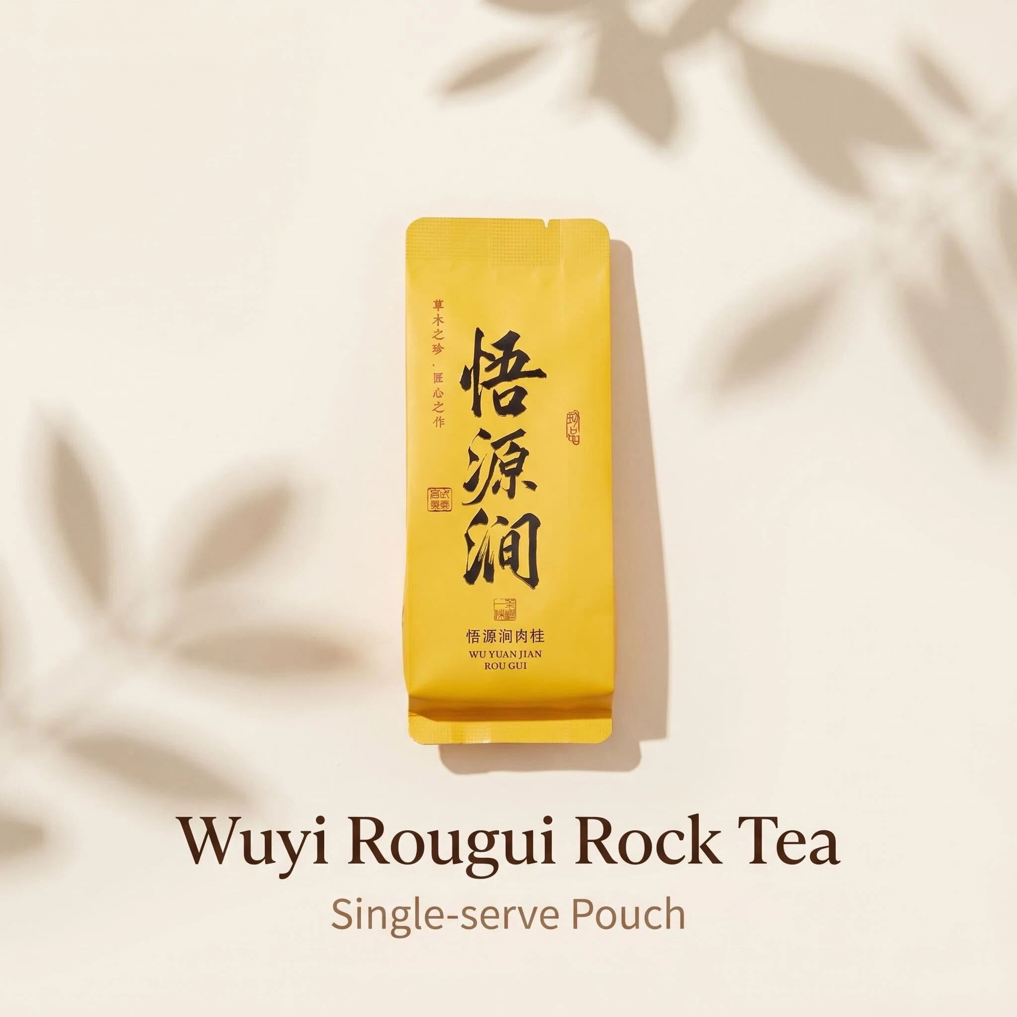 Wuyi Mountain Rougui Rock Tea — Single-Serve Pouch Wuyi Mountain Rougui rock tea in a single-serve pouch, featuring premium cinnamon oolong from Fujian, China.