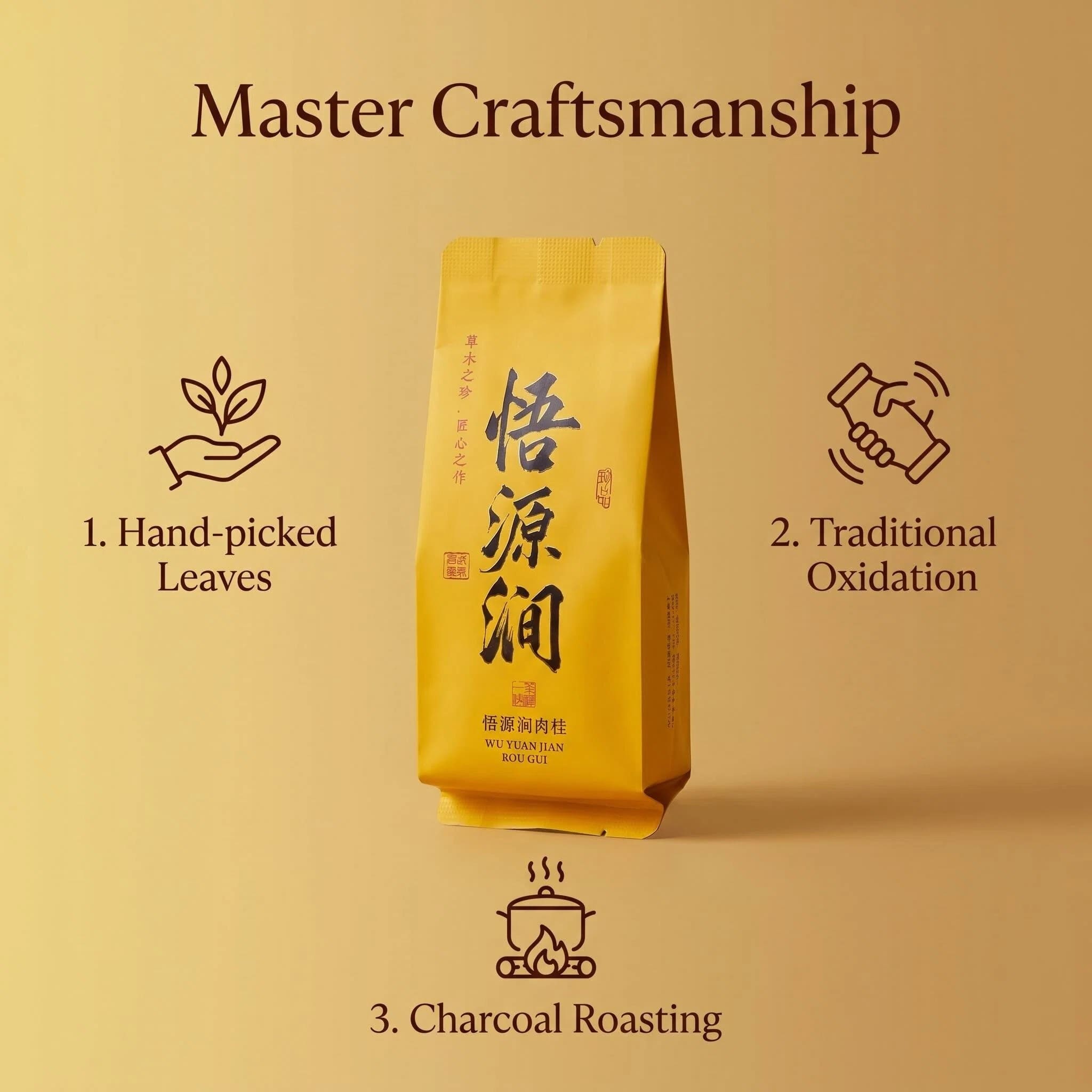 Wuyi Rock Tea Craftsmanship — Handpicked, Oxidized, Charcoal Roasted Master craftsmanship of Wuyi Rougui rock tea: hand-picked leaves, traditional oxidation, and charcoal roasting process.