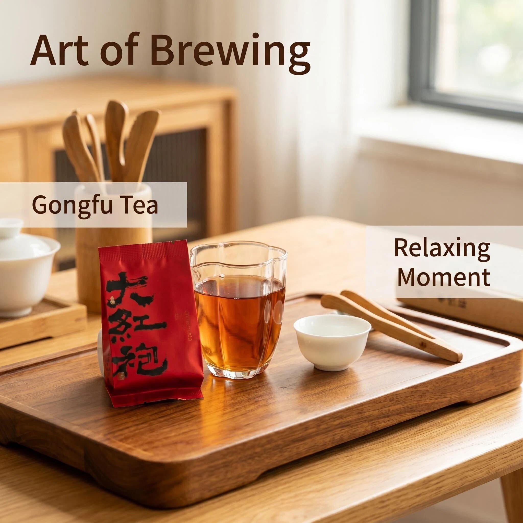 Da Hong Pao Gongfu Tea Brewing Experience Da Hong Pao tea brewed in Gongfu style with a warm amber tea color and relaxing tea moment