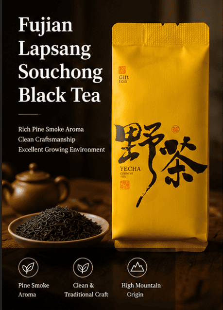 Fujian Lapsang Souchong Black Tea with Traditional Pine Smoke Aroma Fujian Lapsang Souchong black tea package with pine smoke aroma and high mountain origin