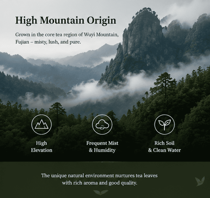 Fujian Lapsang Souchong Tea Grown in a Natural Mountain Environment Fujian Lapsang Souchong tea growing environment with mountain landscape and natural tea garden