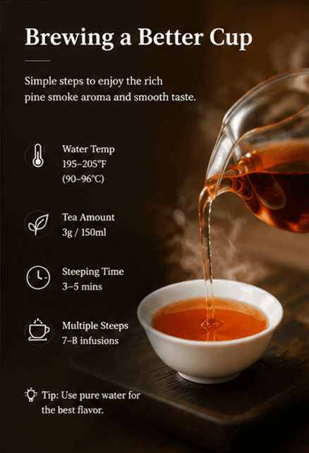 How to Brew Fujian Lapsang Souchong Black Tea Lapsang Souchong black tea brewing guide with amber tea liquor and recommended steeping method