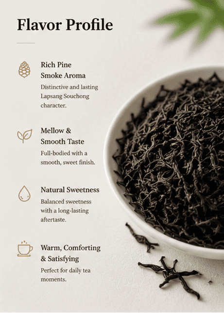 Lapsang Souchong Black Tea Flavor Profile Lapsang Souchong black tea flavor profile showing rich pine smoke aroma, smooth taste, and natural sweetness