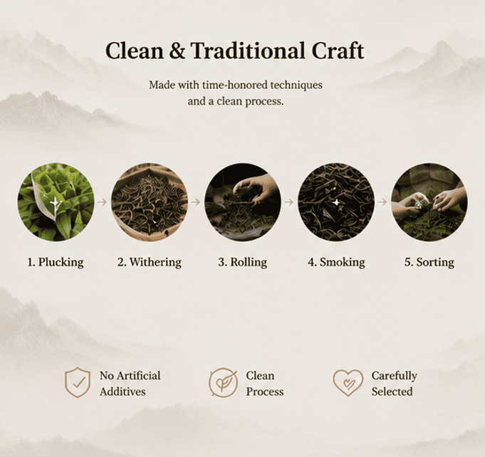 Traditional Craftsmanship of Fujian Lapsang Souchong Black Tea Traditional Lapsang Souchong black tea production process including tea leaf processing and craftsmanship